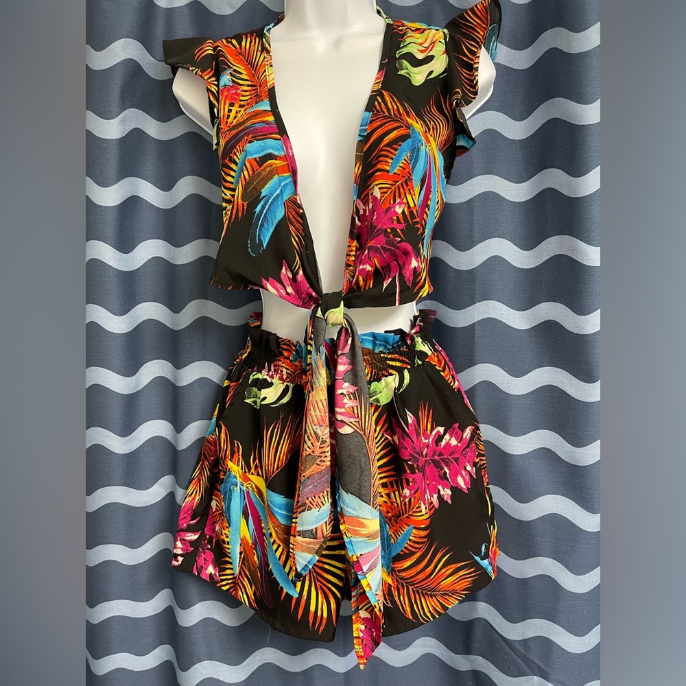 Tropical Print Tie-Front Two-Piece Set